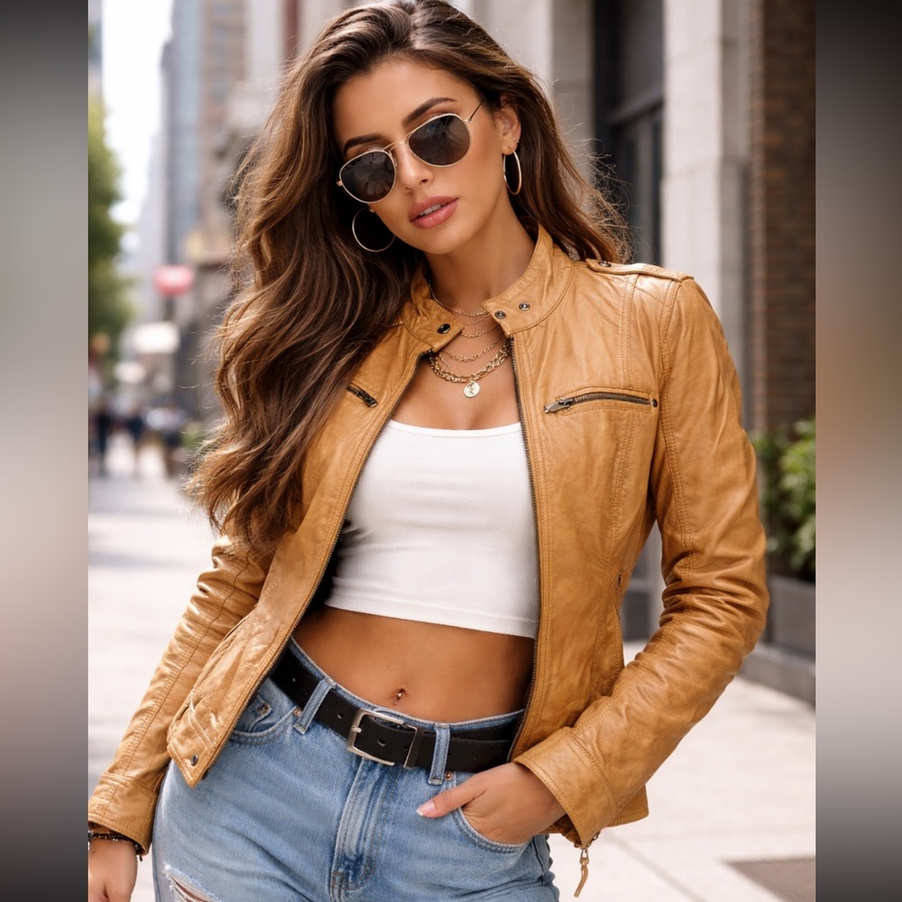 Black Rivet Women's Tan Soft Vegan Leather Moto Fur Lined Jacket